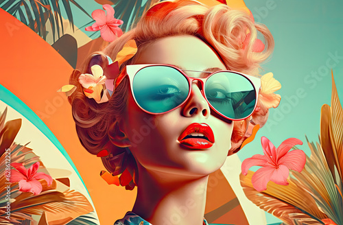 Retro style pastel colors summer background. Fashion woman wearing big sunglasses. Generative AI