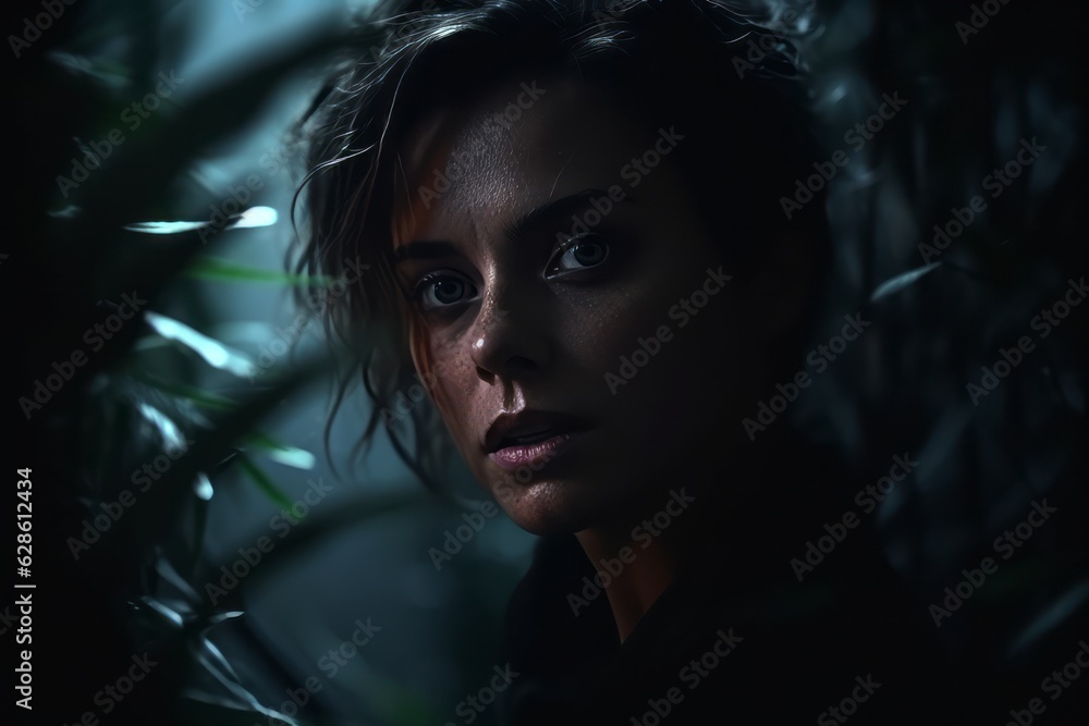 a woman in the dark looking at the camera a woman in the dark looking at the camera