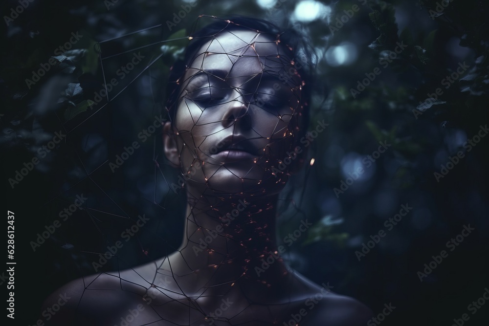 a woman in the dark with a net over her head a woman in the dark with a net over her head