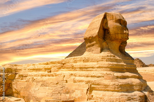 Captivating Egyptian Sphinx at Majestic Sunset in Giza, Egypt.
