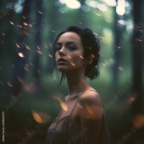 a woman in the woods with fireflies flying around her