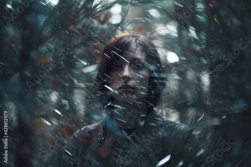 a woman in the woods with snow falling on her face © AberrantRealities