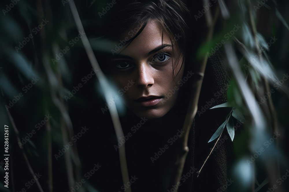 a woman is hiding behind some trees in the dark a woman is hiding behind some trees in the dark
