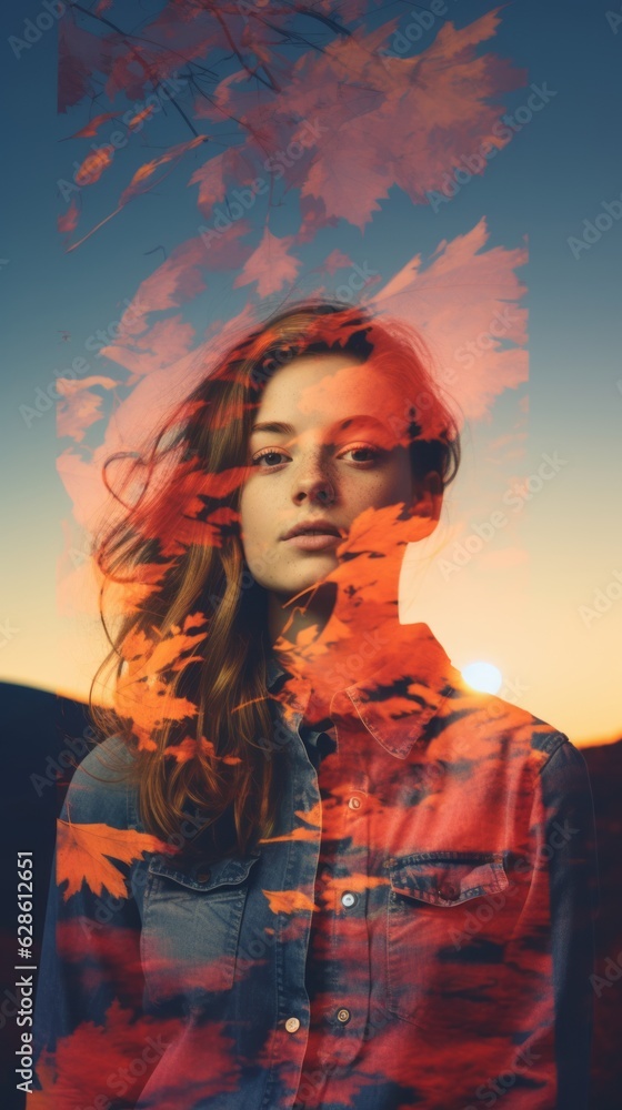 a woman is in front of an orange and red background a woman is in front of an orange and red background