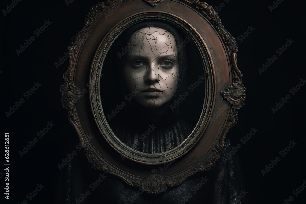 a woman is looking into a mirror in a dark room