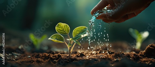 close up hand holding water and watering young tree to growing up in park in sunset photo