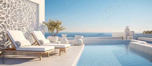 Lounge chairs next to the pool near a beach