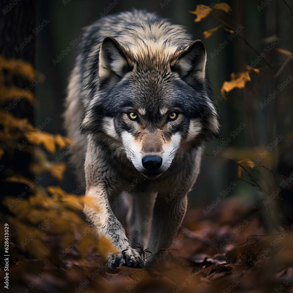 Portrait of a wolf in the forest. Wolf in the autumn forest. Wolf animal illustration, nature conservation vector. Generated AI illustration.