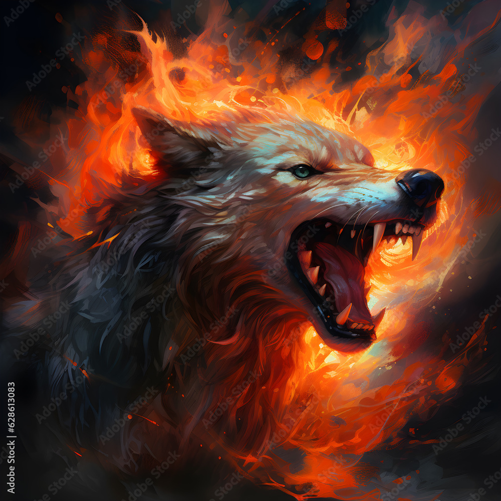 Aggressive Fire Woolf In Sparks Concept Image Of A Red Wolf And Flame