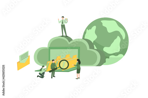 Flat Vector Conceptual Illustration of Document Management System, Searching Files in Organized Archive. Cloud Computing