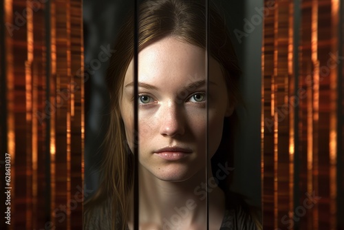 a woman is looking through bars in a dark room