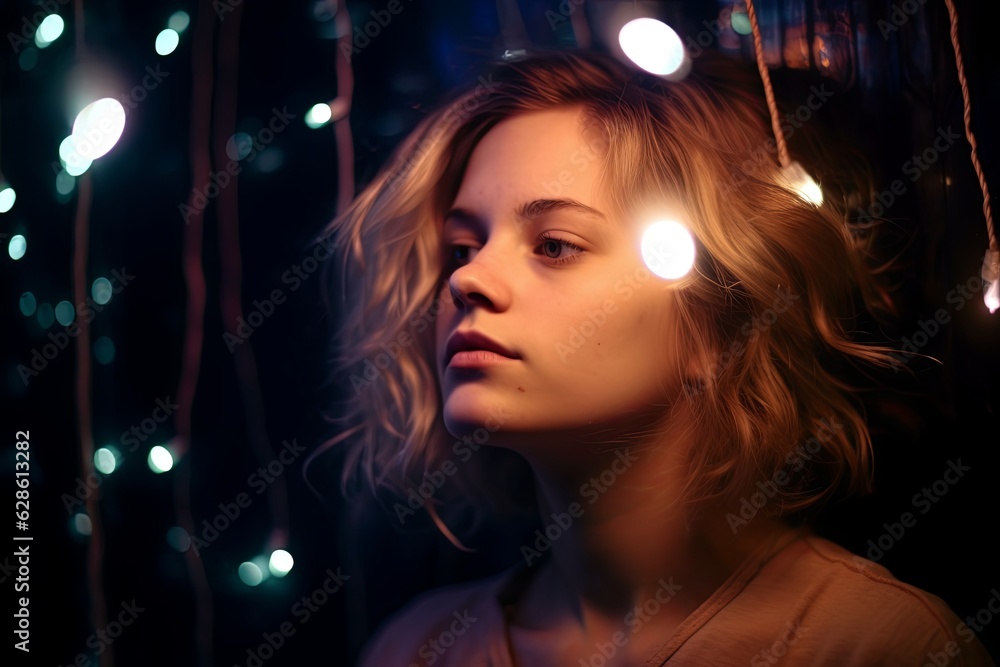 a woman is standing in front of a string of lights