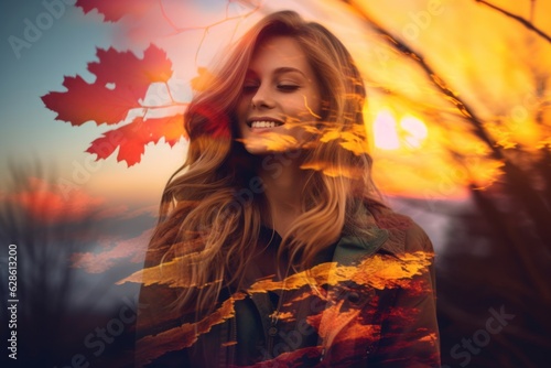a woman is smiling in front of an autumn sunset