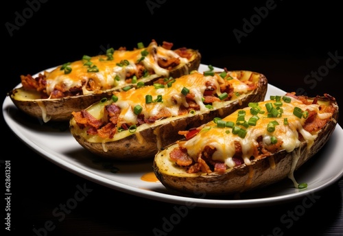 Loaded Potato Skins, on a plate with bacon, spring onions and cheddar cheese, isolated on black background 