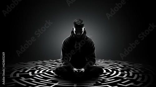 silhouette of a person meditating on the labyrinth in yoga pose