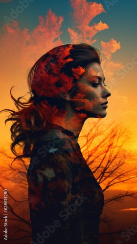 a woman is standing in front of a sunset with leaves in the background
