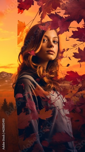 a woman is standing in front of an autumn sunset