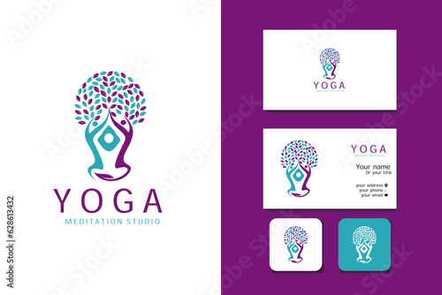 yoga tree logo design vector template and business card with editable text