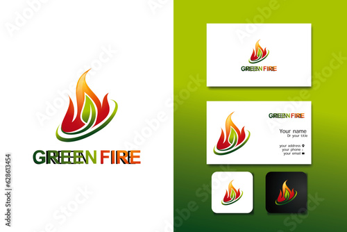 green fire energy logo design vector template and business card with editable text