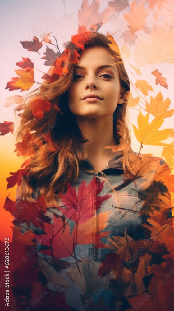a woman is surrounded by autumn leaves a woman is surrounded by autumn leaves