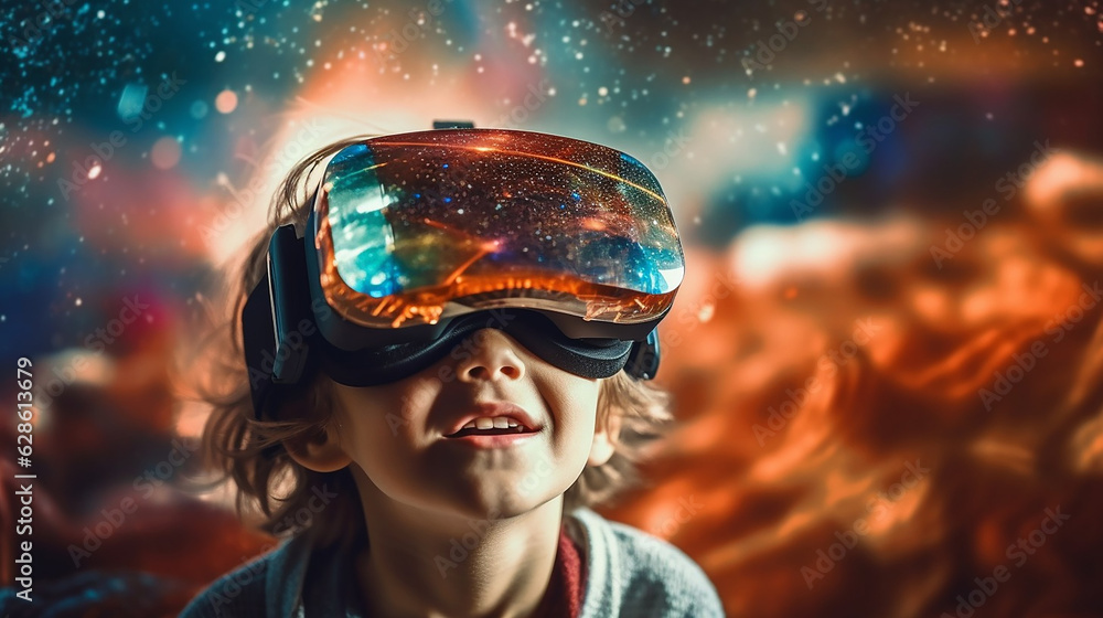 Happy child wearing vr glasses in a surreal and funny atmosphere Happy child wearing vr glasses in a surreal and funny atmosphere