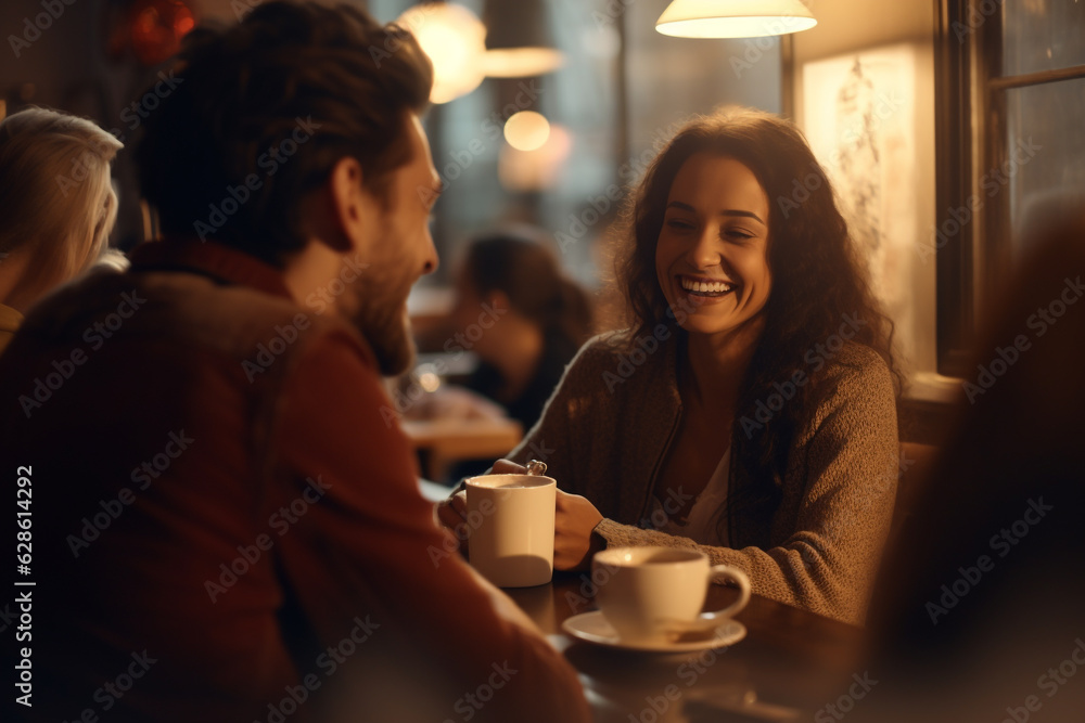 Lifestyle, friendship, food and drinks concept. Group of happy friends drinking coffee and talking with each other in cafe. Generative AI Lifestyle, friendship, food and drinks concept. Group of happy friends drinking coffee and talking with each other in cafe. Generative AI
