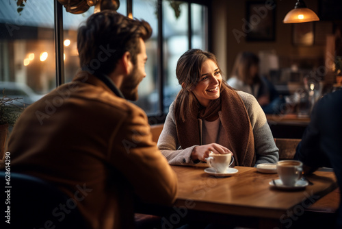 Lifestyle  friendship  food and drinks concept. Group of happy friends drinking coffee and talking with each other in cafe. Generative AI