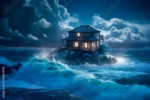 A house sitting on top of an island in the wave of the ocean. Generative AI
