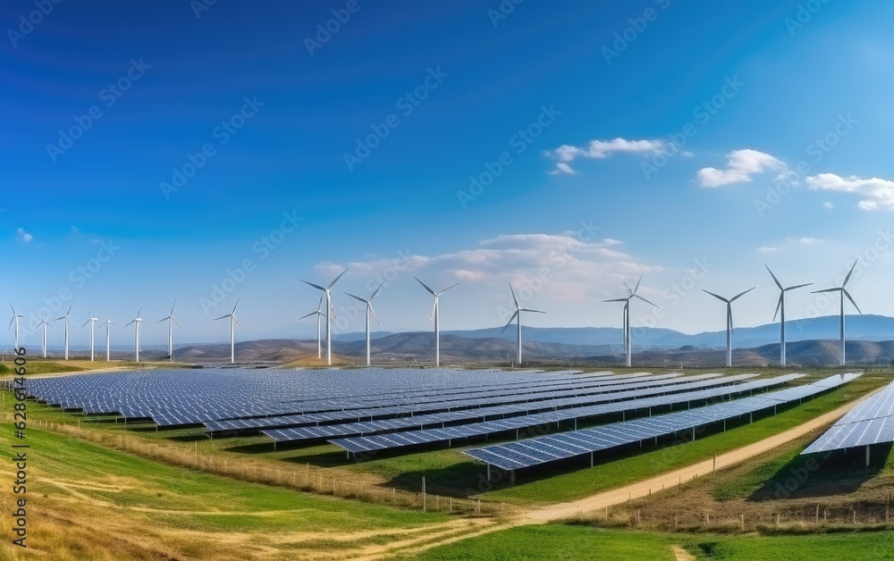 Panorama view of environmentally friendly installation of photovoltaic power plant and wind turbine farm situated by landfill