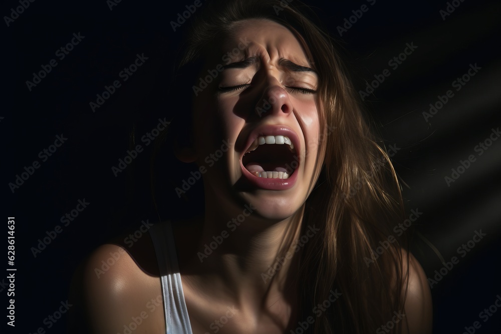 a woman screaming in the dark with her mouth open