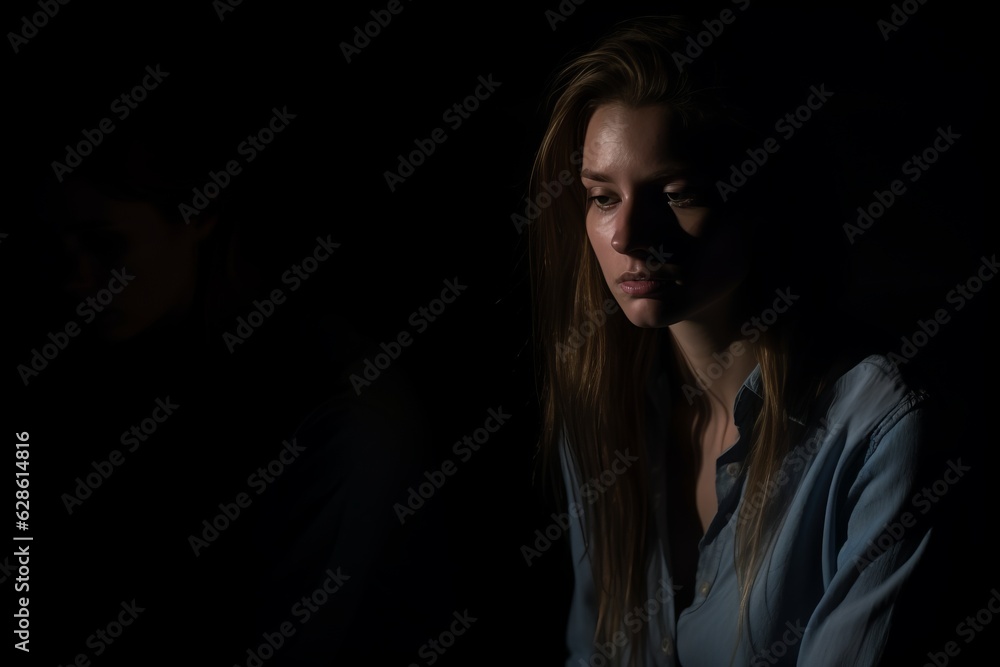 a woman sitting in the dark with her back to the camera a woman sitting in the dark with her back to the camera