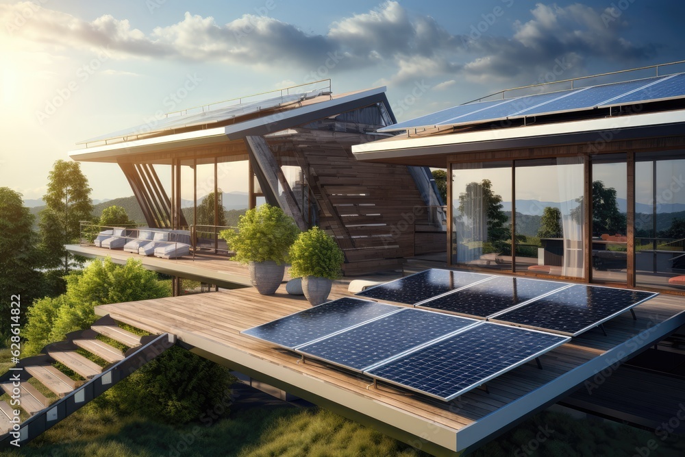 Solar panels on the gable roof of a beautiful modern home Solar panels on the gable roof of a beautiful modern home
