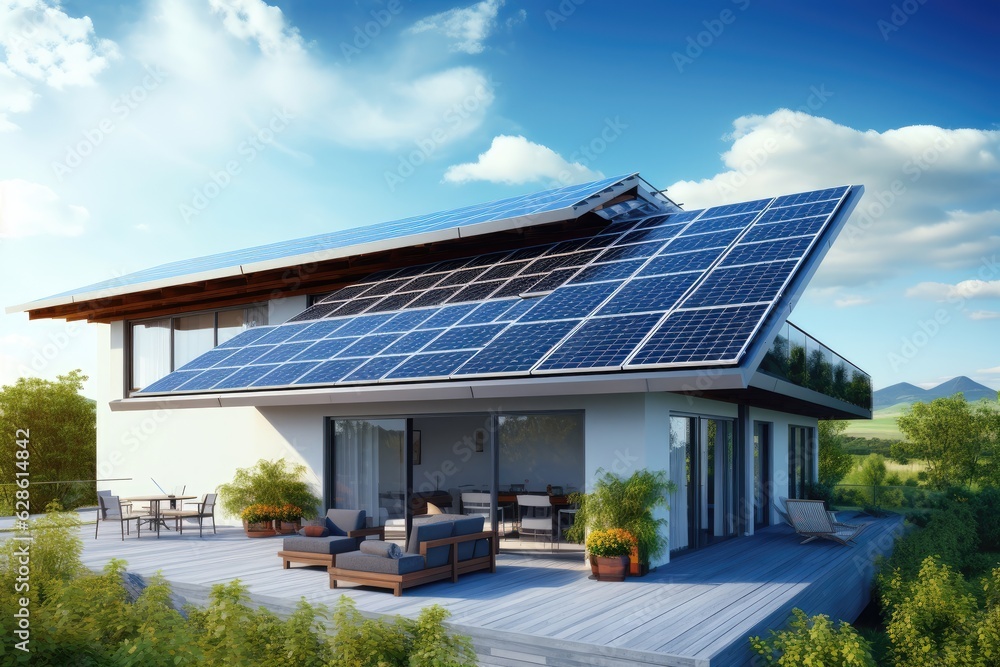 Solar panels on the gable roof of a beautiful modern home