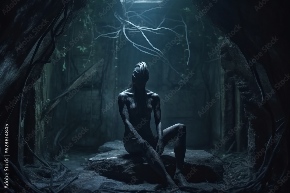 Fototapeta premium a woman sitting on a rock in a dark cave