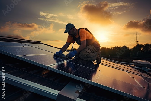 A handyman installing solar panels on the rooftop