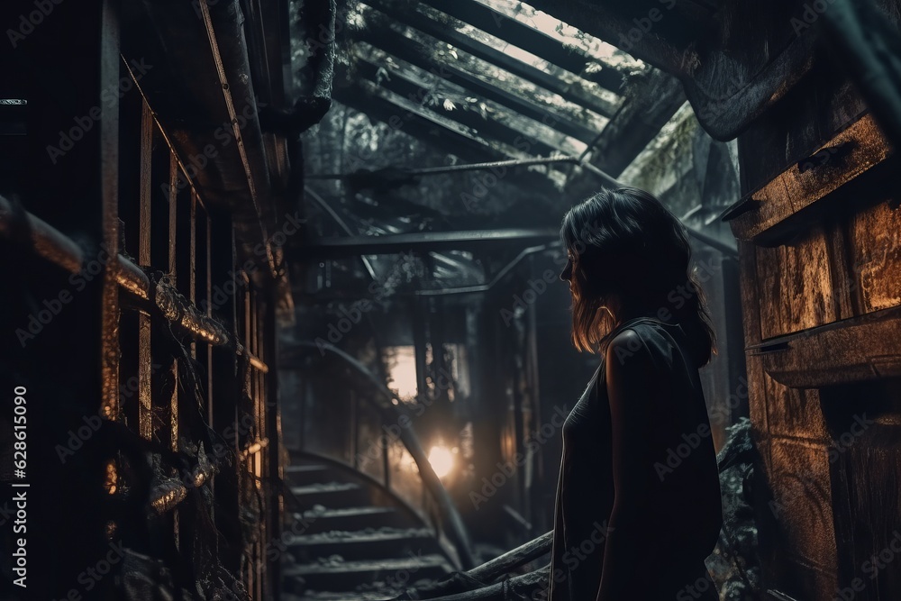 a woman standing in an abandoned building at night