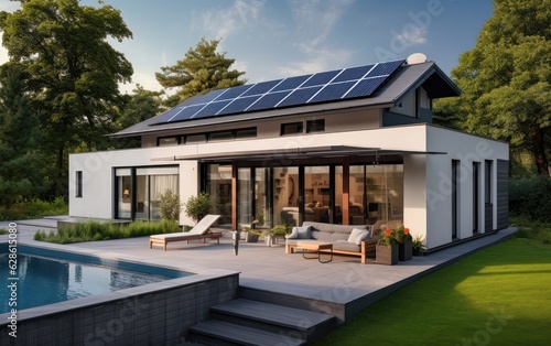 Solar panels on the gable roof of a beautiful modern home © medienvirus