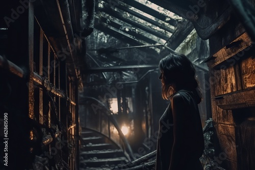 a woman standing in an abandoned building at night