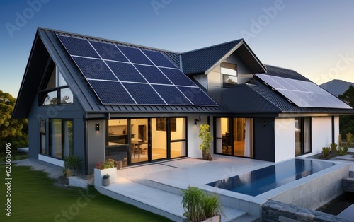Tela Solar panels on the gable roof of a beautiful modern home