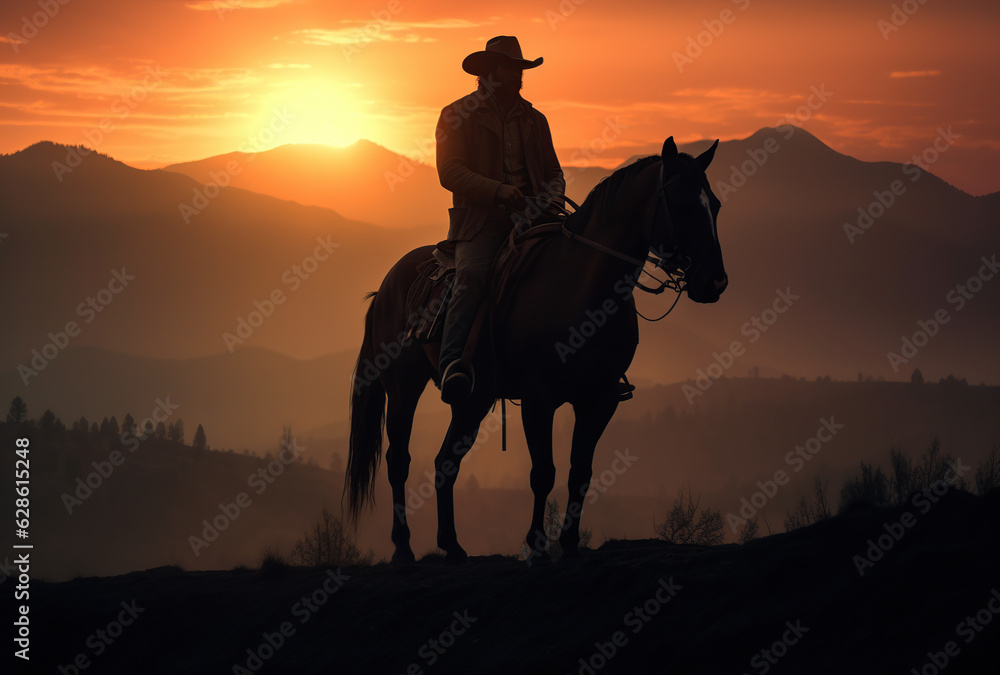 cowboy riding horse at sunset Generative AI cowboy riding horse at sunset Generative AI