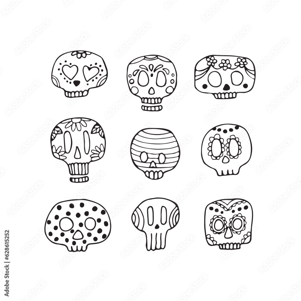 Sugar skulls decorated by design elements and colorful floral ornament. Mexican national holiday Day of the dead. Festive banner templates for Dia de los muertos. Vector illustration