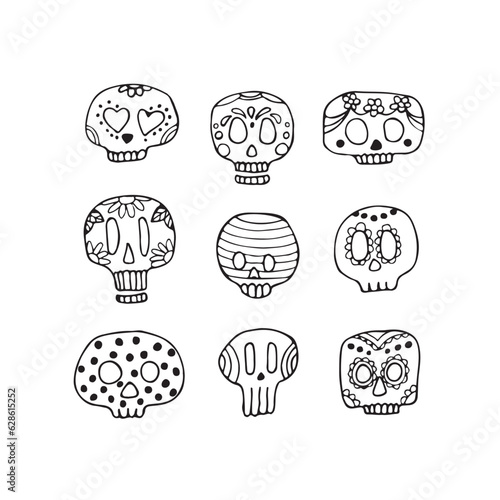 Sugar skulls decorated by design elements and colorful floral ornament. Mexican national holiday Day of the dead. Festive banner templates for Dia de los muertos. Vector illustration
