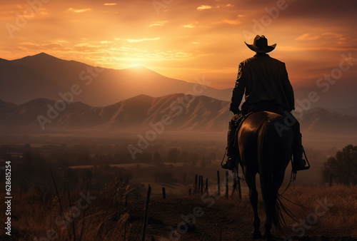 cowboy riding horse at sunset Generative AI