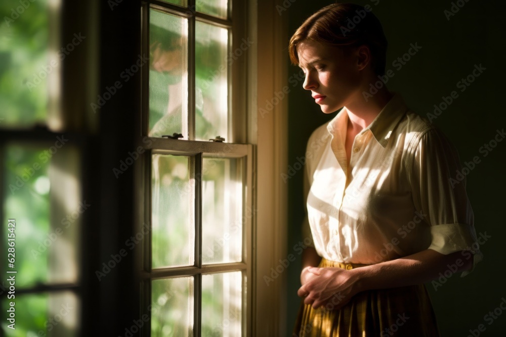 a woman standing in front of a window looking out a woman standing in front of a window looking out