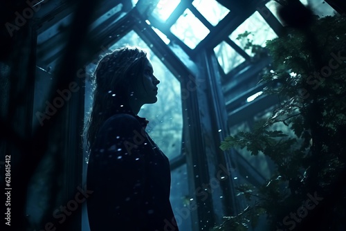 a woman standing in front of a window in a dark forest