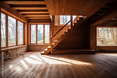 Interior view of a house with framing materials Generative AI © Nataliia