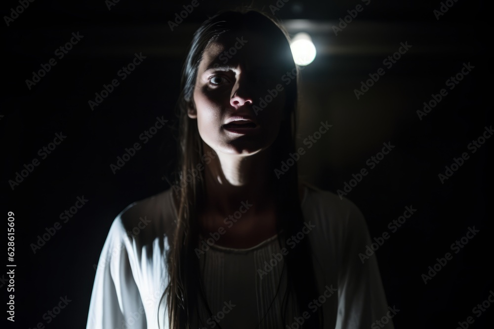 a woman standing in the dark with a light shining on her face a woman standing in the dark with a light shining on her face