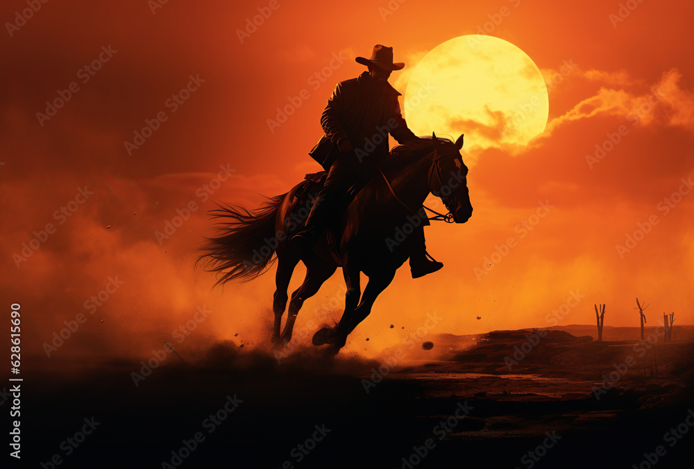 cowboy riding horse at sunset Generative AI