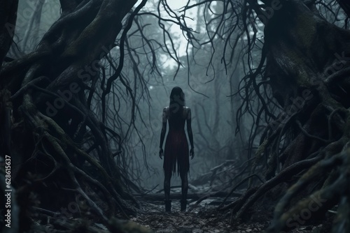 a woman standing in the middle of a dark forest
