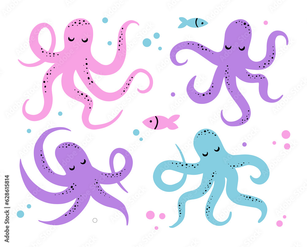 A set of fun funny octopuses. Cute children's illustrations of marine animals and fish. Print for clothes, fabrics A set of fun funny octopuses. Cute children's illustrations of marine animals and fish. Print for clothes, fabrics